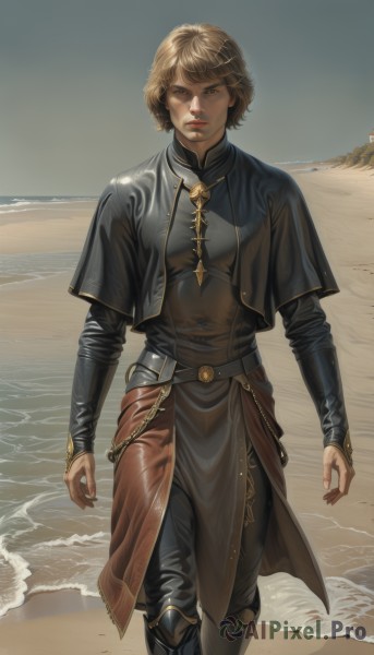 1girl,solo,breasts,looking at viewer,short hair,bangs,blonde hair,brown hair,long sleeves,brown eyes,standing,outdoors,parted lips,day,belt,pants,water,armor,lips,capelet,feet out of frame,ocean,scar,beach,black pants,walking,breastplate,realistic,sand,shore,jewelry,closed mouth,boots,sky,pelvic curtain,arms at sides,black capelet