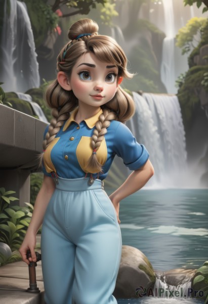 1girl,solo,long hair,breasts,smile,bangs,brown hair,shirt,holding,brown eyes,medium breasts,closed mouth,standing,braid,short sleeves,hairband,outdoors,day,collared shirt,pants,water,hair bun,twin braids,tree,lips,hand on hip,buttons,sunlight,single hair bun,thick eyebrows,suspenders,blue shirt,nature,hair over shoulder,wading,rock,nose,hair tie,overalls,river,waterfall,high-waist pants,looking at viewer,hair ornament,leaf,freckles