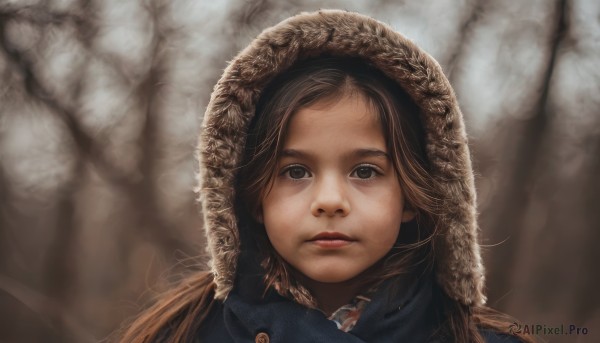 1girl,solo,long hair,looking at viewer,brown hair,hat,brown eyes,closed mouth,hood,blurry,black eyes,tree,lips,coat,fur trim,blurry background,expressionless,portrait,nature,forest,realistic,nose,winter clothes,bangs,signature,close-up