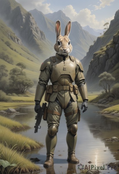 solo,gloves,1boy,holding,animal ears,standing,full body,weapon,male focus,boots,outdoors,sky,day,pants,cloud,water,holding weapon,armor,rabbit ears,tree,gun,military,no humans,animal,helmet,cloudy sky,grass,shoulder armor,holding gun,nature,rifle,furry,1other,reflection,science fiction,pouch,rabbit,breastplate,rock,mountain,realistic,knee pads,submachine gun,mountainous horizon,lake,uniform,military uniform,bird,scenery,walking,river,elbow pads,body armor