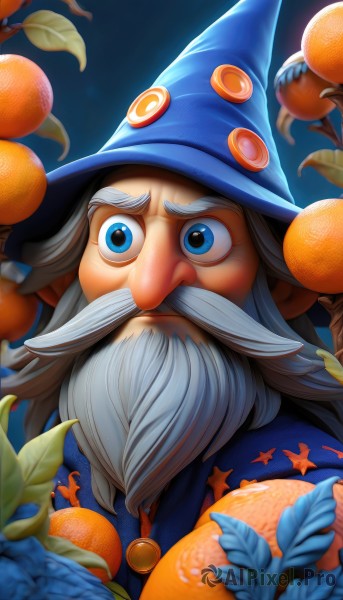 solo,looking at viewer,blue eyes,1boy,hat,white hair,grey hair,male focus,food,blurry,witch hat,fruit,facial hair,blue background,thick eyebrows,portrait,beard,blue headwear,wide-eyed,mustache,pumpkin,mushroom,old,old man,orange (fruit),wizard hat,wizard,upper body,artist name,star (symbol),leaf,web address