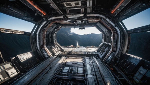 outdoors,sky,day,no humans,building,scenery,science fiction,spacecraft,cockpit,window,sunlight,floating,mountain,realistic,space,planet,landscape