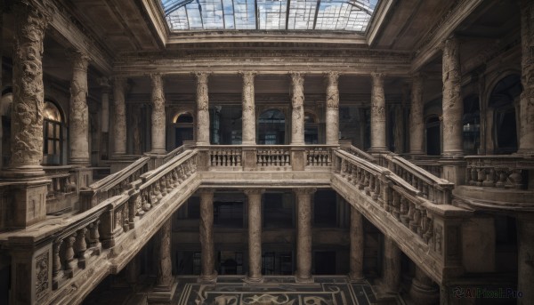 sky,day,cloud,indoors,no humans,window,sunlight,building,scenery,stairs,door,railing,architecture,bridge,pillar,church,arch,column,blue sky