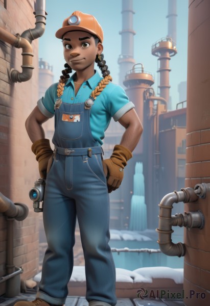 1girl,solo,long hair,looking at viewer,smile,brown hair,shirt,black hair,gloves,hat,twintails,brown eyes,closed mouth,standing,full body,braid,short sleeves,earrings,boots,outdoors,sky,shoes,day,collared shirt,pants,dark skin,mole,twin braids,dark-skinned female,watermark,brown footwear,blue shirt,brown gloves,freckles,hands on hips,camera,overalls,thick eyebrows,baseball cap,badge