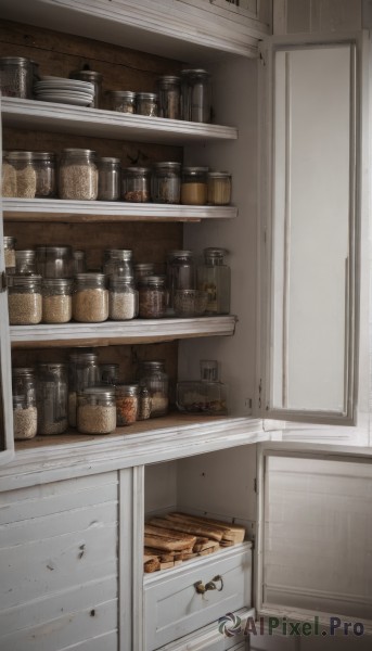 indoors,no humans,window,bottle,scenery,door,shelf,kitchen,jar,still life,cabinet