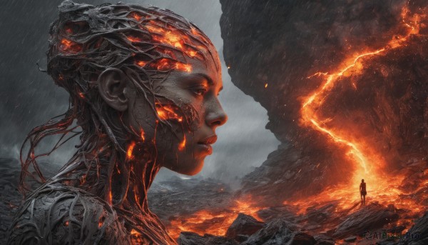 1girl, solo, standing, cloud, from side, lips, profile, glowing, cloudy sky, fire, science fiction, rain, realistic, lightning, molten rock