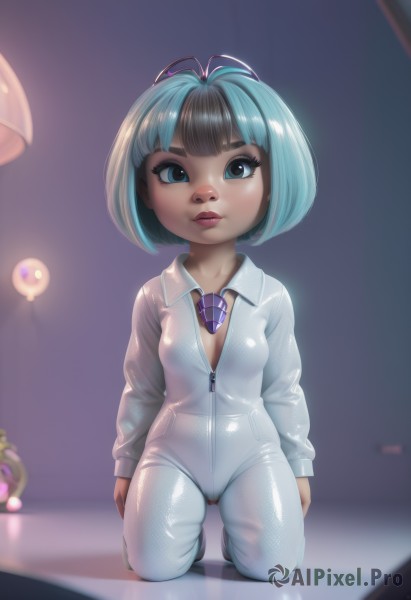 1girl,solo,breasts,looking at viewer,short hair,bangs,blue eyes,black hair,closed mouth,blue hair,full body,multicolored hair,small breasts,shiny,blunt bangs,blurry,two-tone hair,lips,loli,kneeling,no bra,aqua hair,bodysuit,makeup,cameltoe,bob cut,thick eyebrows,antenna hair,zipper,unzipped,zipper pull tab,jumpsuit,light bulb,shirt,necktie,nose,white bodysuit