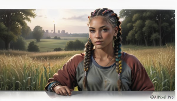 1girl,solo,long hair,breasts,looking at viewer,brown hair,shirt,black hair,hair ornament,long sleeves,brown eyes,jewelry,collarbone,upper body,braid,multicolored hair,earrings,outdoors,sky,dark skin,necklace,twin braids,bracelet,two-tone hair,dark-skinned female,tree,lips,grass,building,hair over shoulder,grey shirt,freckles,realistic,nose,lamppost,multiple braids,blonde hair,parted lips,cloud,nail polish,fingernails,scenery,forehead,sunset,hoop earrings,sun,facepaint,dirty,dreadlocks