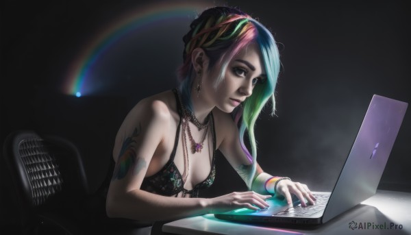 1girl,solo,long hair,breasts,bangs,dress,cleavage,bare shoulders,jewelry,medium breasts,sitting,closed mouth,underwear,blue hair,upper body,pink hair,purple hair,braid,multicolored hair,earrings,small breasts,green hair,choker,artist name,necklace,nail polish,bra,black dress,bracelet,two-tone hair,lips,fingernails,tattoo,gradient hair,makeup,chair,piercing,black bra,asymmetrical hair,realistic,nose,arm tattoo,computer,monitor,rainbow,laptop,keyboard (computer),mouse (computer),rainbow hair,looking at viewer,blue eyes,green eyes,sleeveless,watermark,black background,web address