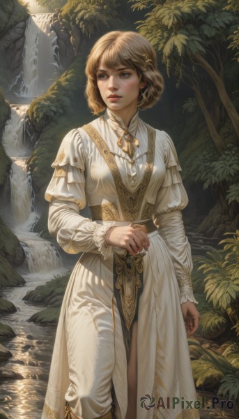 1girl,solo,breasts,short hair,bangs,blue eyes,blonde hair,brown hair,hair ornament,long sleeves,dress,holding,brown eyes,jewelry,closed mouth,standing,weapon,boots,outdoors,parted lips,day,puffy sleeves,sword,water,necklace,white dress,tree,lips,looking to the side,feet out of frame,looking away,sunlight,plant,gem,sheath,nature,wading,forest,sheathed,realistic,nose,fantasy,river,waterfall,braid,frills,belt,pants,artist name,watermark,knife,rock,stream