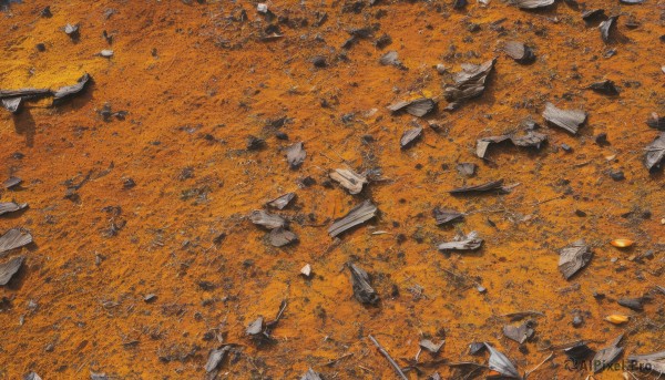 outdoors,tree,no humans,from above,traditional media,nature,scenery,forest,rock,autumn leaves,autumn,debris,orange theme,stone,orange background,road,molten rock