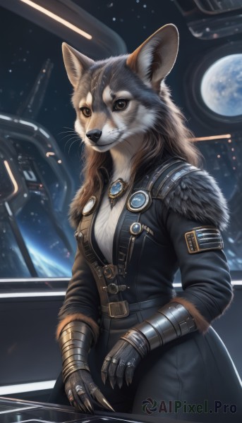 1girl,solo,long hair,looking at viewer,smile,brown hair,gloves,long sleeves,animal ears,brown eyes,jewelry,closed mouth,standing,jacket,cowboy shot,belt,pants,artist name,signature,armor,coat,black jacket,fur trim,window,animal,black pants,ring,brooch,gauntlets,gem,claws,furry,buckle,science fiction,belt buckle,furry female,space,body fur,mechanical arms,leather,white fur,planet,fur,single mechanical arm,whiskers,snout,earth (planet),fluffy,moon,star (sky),realistic,spacecraft