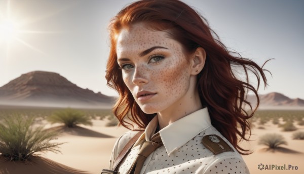 1girl,solo,long hair,looking at viewer,brown hair,shirt,jewelry,white shirt,upper body,red hair,earrings,outdoors,parted lips,necktie,day,collared shirt,medium hair,mole,blurry,tree,lips,grey eyes,sunlight,polka dot,portrait,freckles,mountain,realistic,sun,brown necktie,sky,signature,uniform,beach,messy hair,sand,dirty,lake,desert,dirty face