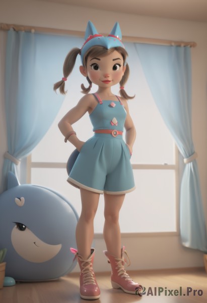 1girl,solo,looking at viewer,blush,smile,brown hair,hat,dress,animal ears,twintails,brown eyes,jewelry,standing,full body,braid,boots,shoes,sleeveless,belt,indoors,black eyes,twin braids,flat chest,bracelet,lips,window,fake animal ears,stuffed toy,short twintails,curtains,child,hands on hips,female child,carrot,animal hat,long hair,shorts,blue dress,sneakers,backlighting,hands in pockets,overalls