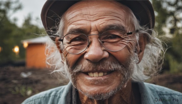 solo,looking at viewer,smile,shirt,1boy,hat,jewelry,white hair,grey hair,male focus,earrings,outdoors,glasses,teeth,day,grin,blurry,black eyes,black headwear,depth of field,blurry background,facial hair,portrait,beard,black-framed eyewear,realistic,round eyewear,mustache,old,old man,wrinkled skin,half-closed eyes