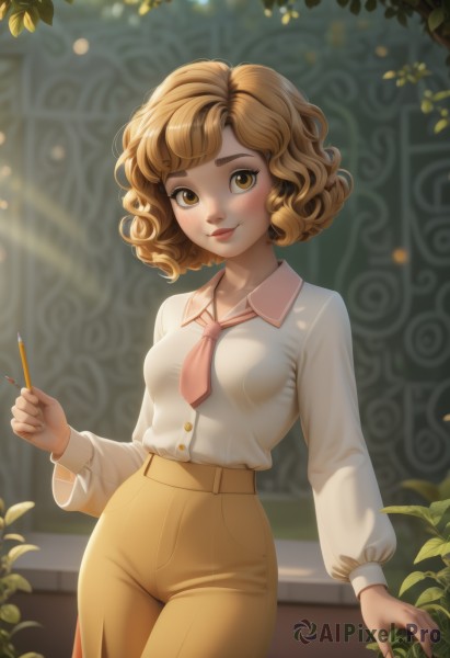 1girl,solo,breasts,looking at viewer,blush,smile,short hair,bangs,blonde hair,brown hair,shirt,long sleeves,holding,brown eyes,medium breasts,closed mouth,standing,white shirt,cowboy shot,small breasts,outdoors,necktie,day,collared shirt,pants,artist name,indoors,signature,blurry,lips,eyelashes,makeup,buttons,blurry background,leaf,wavy hair,sunlight,plant,freckles,arm at side,curly hair,light rays,shirt tucked in,paintbrush,pencil,dappled sunlight,pink necktie,holding paintbrush,high-waist pants,yellow eyes,watermark,web address,yellow skirt,chalkboard,chalk,yellow pants