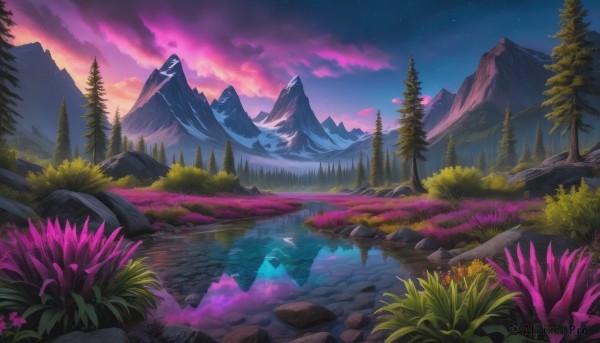 A unique view of a landscape in sunset outdoors
