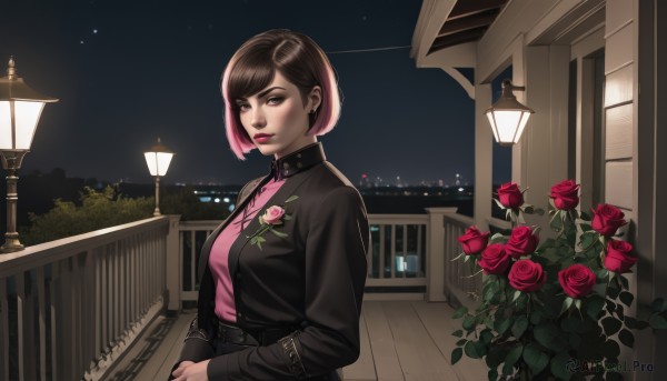 1girl,solo,breasts,looking at viewer,short hair,bangs,skirt,brown hair,shirt,long sleeves,brown eyes,jewelry,medium breasts,closed mouth,jacket,upper body,pink hair,flower,multicolored hair,earrings,outdoors,open clothes,sky,collared shirt,belt,two-tone hair,open jacket,lips,black jacket,makeup,night,rose,piercing,bob cut,own hands together,lipstick,red flower,building,star (sky),night sky,eyeshadow,starry sky,pink shirt,red rose,nose,railing,red lips,stud earrings,leather,lamppost,leather jacket,mascara,balcony,black hair,parted lips,choker,artist name,collar,window,swept bangs,turtleneck,plant,buckle,black belt,realistic