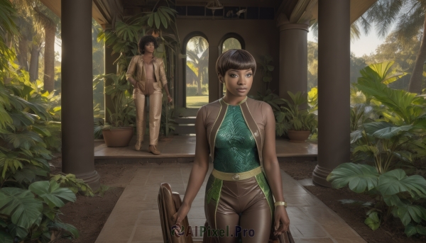 1girl,looking at viewer,smile,short hair,bangs,brown hair,shirt,black hair,1boy,holding,brown eyes,jewelry,standing,earrings,outdoors,day,belt,pants,dark skin,blunt bangs,bag,black eyes,bracelet,dark-skinned female,tree,lips,sunlight,plant,walking,realistic,door,potted plant,brown pants,pillar,statue,suitcase,column,breasts,bare shoulders,medium breasts,closed mouth,jacket,white shirt,flower,cowboy shot,open clothes,sleeveless,solo focus,vest,open jacket,hand on hip,looking to the side,bare arms,sideboob,halterneck,leaf,chinese clothes,scenery,skin tight,toned,hand in pocket,handbag,nose,bangle,wide shot