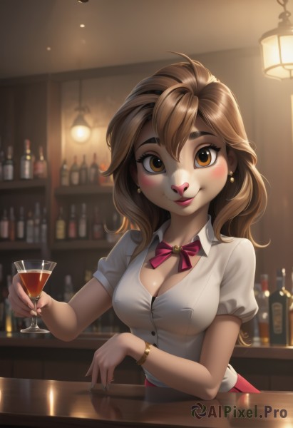 1girl,solo,long hair,breasts,looking at viewer,blush,smile,bangs,skirt,large breasts,brown hair,shirt,bow,ribbon,holding,cleavage,hair between eyes,brown eyes,jewelry,medium breasts,sitting,closed mouth,white shirt,upper body,short sleeves,earrings,parted lips,puffy sleeves,collared shirt,artist name,indoors,bowtie,nail polish,blurry,bracelet,cup,puffy short sleeves,lips,fingernails,eyelashes,makeup,buttons,red skirt,watermark,thick eyebrows,bottle,wing collar,lipstick,holding cup,web address,alcohol,drinking glass,reflection,watch,pink lips,glint,nose,drink,red lips,wristwatch,stud earrings,wine glass,mascara,bar (place),counter,cocktail glass,ceiling light,cocktail,pov across table,bell,blue nails