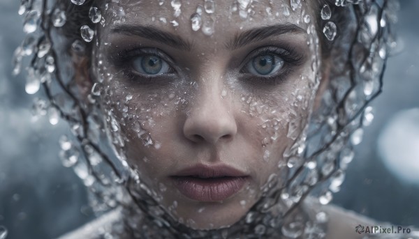 1girl,solo,looking at viewer,blue eyes,black hair,closed mouth,artist name,water,blurry,lips,grey eyes,eyelashes,depth of field,blurry background,portrait,close-up,reflection,bubble,water drop,underwater,realistic,nose,air bubble,straight-on,eye focus,short hair,green eyes,freckles