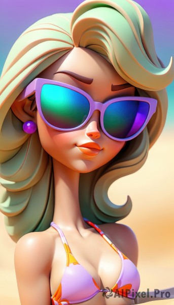 1girl,solo,long hair,breasts,looking at viewer,smile,blonde hair,cleavage,bare shoulders,jewelry,closed mouth,collarbone,swimsuit,upper body,bikini,multicolored hair,earrings,small breasts,day,artist name,lips,makeup,beach,sunglasses,lipstick,tan,eyeshadow,tanlines,purple bikini,tinted eyewear,bikini tan,blue-tinted eyewear,purple-tinted eyewear,medium breasts,watermark,bikini top only,web address,nose