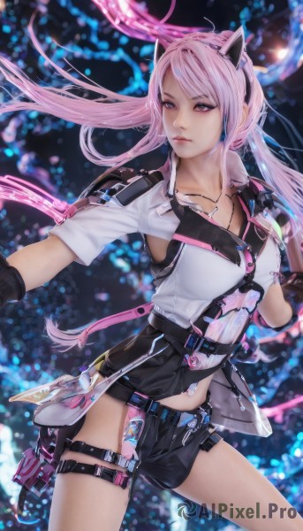 1girl,solo,long hair,breasts,looking at viewer,bangs,shirt,gloves,navel,animal ears,twintails,jewelry,medium breasts,collarbone,white shirt,pink hair,short sleeves,cowboy shot,shorts,black gloves,belt,cat ears,fingerless gloves,necklace,blurry,lips,short shorts,thigh strap,floating hair,blurry background,fake animal ears,black shorts,holster,strap,closed mouth,standing,pink eyes,headphones,realistic,nose,animal ear headphones,cat ear headphones