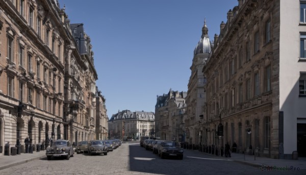 outdoors,sky,day,blue sky,no humans,window,shadow,ground vehicle,building,scenery,motor vehicle,city,car,road,cityscape,vehicle focus,lamppost,street,real world location,cloud,architecture,tower,church