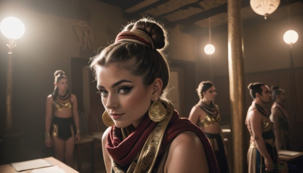 breasts,looking at viewer,smile,short hair,multiple girls,brown hair,black hair,bare shoulders,jewelry,closed mouth,earrings,multiple boys,solo focus,indoors,dark skin,3girls,necklace,hair bun,scarf,mole,bracelet,dark-skinned female,lips,4girls,makeup,single hair bun,armlet,freckles,red scarf,hoop earrings,realistic,nose,topknot,brown eyes,standing,midriff,artist name,signature,backlighting