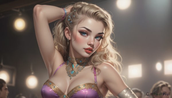 1girl,long hair,breasts,looking at viewer,blush,blue eyes,blonde hair,hair ornament,cleavage,bare shoulders,jewelry,medium breasts,upper body,earrings,parted lips,multiple boys,solo focus,choker,indoors,armpits,necklace,bra,blurry,arm up,bracelet,lips,eyelashes,makeup,depth of field,blurry background,wavy hair,bandages,lipstick,gem,armlet,hand in own hair,realistic,nose,adjusting hair,red lips,hand on own head,solo,large breasts,underwear,hairclip,mole,mole under eye,eyeshadow,freckles,mascara,mole on cheek