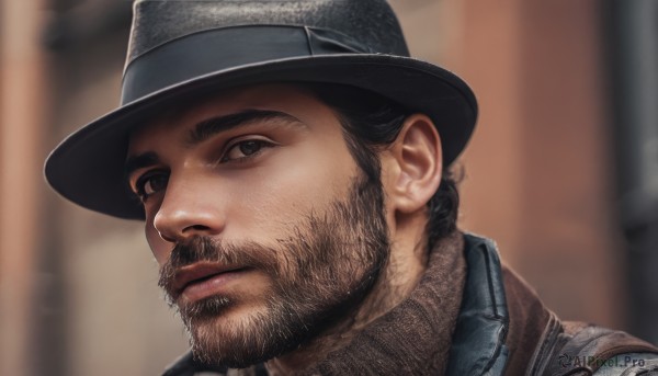 solo,looking at viewer,short hair,shirt,black hair,1boy,hat,brown eyes,closed mouth,male focus,blurry,black eyes,black headwear,blurry background,facial hair,thick eyebrows,portrait,beard,mature male,realistic,mustache,manly,cowboy hat,brown hair,jacket,lips,close-up,nose