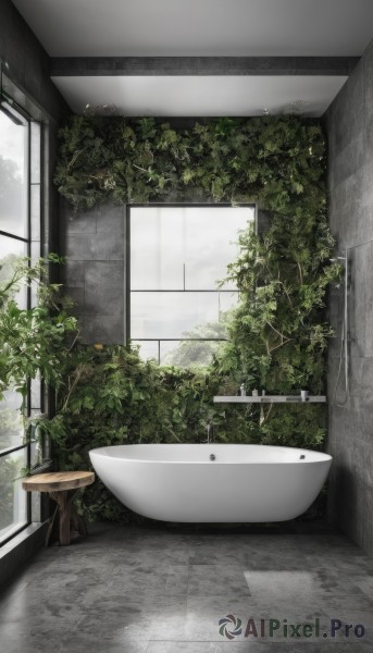 sky,day,cloud,indoors,tree,no humans,window,chair,table,plant,scenery,door,tiles,potted plant,tile floor,bathroom,stool,bathtub,tile wall,toilet,sink,faucet