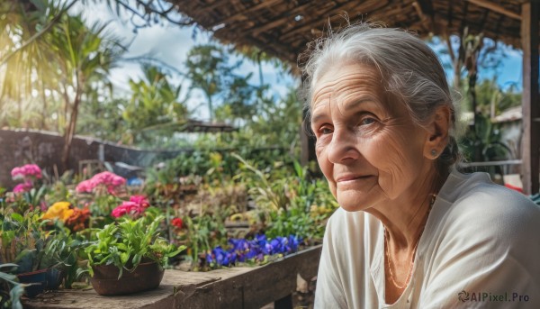 1girl,solo,looking at viewer,shirt,1boy,jewelry,closed mouth,white shirt,upper body,flower,white hair,grey hair,male focus,earrings,outdoors,sky,day,necklace,blurry,tree,plant,realistic,potted plant,old,old man,flower pot,old woman,garden,wrinkled skin,morning glory,hair bun,single hair bun