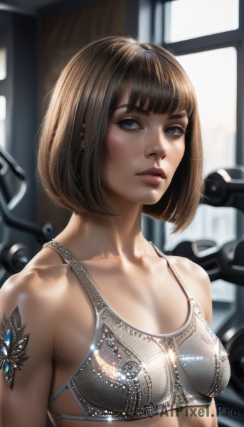 1girl,solo,breasts,looking at viewer,short hair,bangs,blue eyes,brown hair,bare shoulders,jewelry,underwear,collarbone,upper body,earrings,small breasts,shiny,indoors,bra,armor,blurry,lips,grey eyes,tattoo,blurry background,piercing,bob cut,freckles,sports bra,realistic,nose,blush,parted lips,shiny skin,eyelashes,window,makeup,muscular,backlighting,eyeliner,grey bra,gym