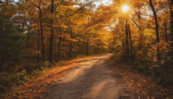 outdoors,sky,day,tree,dutch angle,no humans,leaf,sunlight,grass,nature,scenery,forest,sunset,light rays,sun,road,autumn leaves,autumn,orange theme,path,plant,realistic,bush,dappled sunlight