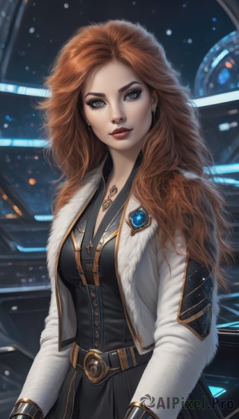 1girl,solo,long hair,breasts,looking at viewer,blue eyes,brown hair,gloves,long sleeves,dress,jewelry,medium breasts,jacket,earrings,parted lips,open clothes,belt,necklace,orange hair,blurry,black dress,lips,coat,fur trim,tattoo,makeup,wavy hair,lipstick,buckle,eyeshadow,freckles,snowing,realistic,nose,red lips,skirt,upper body,weapon,red hair,artist name,grey eyes,curly hair