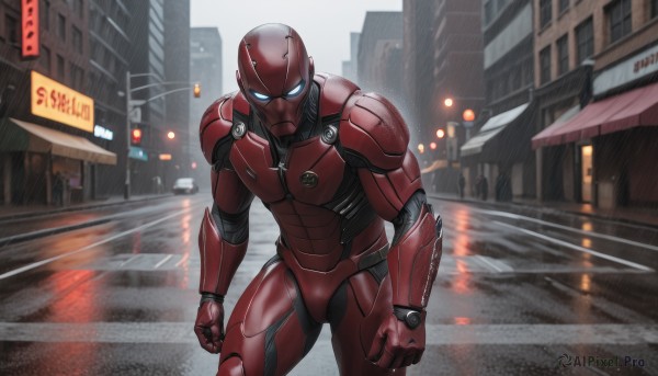 solo,looking at viewer,blue eyes,1boy,male focus,outdoors,armor,mask,glowing,ground vehicle,building,motor vehicle,clenched hands,science fiction,city,sign,car,road,superhero,street,red bodysuit,road sign,power armor,traffic light,red armor,bodysuit,glowing eyes,rain,lamppost