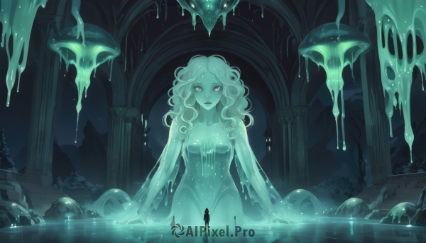 1girl,solo,long hair,breasts,looking at viewer,bangs,medium breasts,standing,collarbone,parted lips,artist name,indoors,water,tree,night,glowing,colored skin,wavy hair,monster girl,wading,curly hair,arms at sides,green skin,white eyes,dripping,pillar,slime (substance),statue,slime girl,aqua theme,column,1boy,nude,giant,ruins,green theme