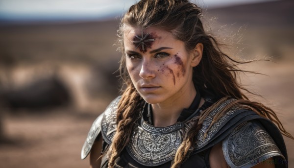 1girl,solo,long hair,looking at viewer,brown hair,brown eyes,closed mouth,upper body,braid,armor,blurry,lips,blood,blurry background,shoulder armor,messy hair,portrait,pauldrons,circlet,breastplate,blood on face,realistic,dirty,chainmail,freckles,serious,injury