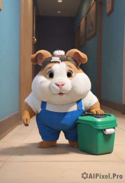 solo,looking at viewer,open mouth,brown hair,1boy,brown eyes,standing,full body,male focus,indoors,blurry,no humans,animal,furry,door,bucket,overalls,animal focus,hamster,clothed animal,blue overalls,shirt,realistic,white fur,brown fur