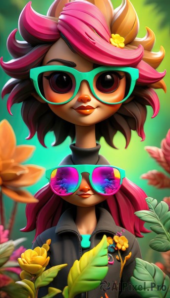 1girl,solo,long hair,looking at viewer,smile,short hair,brown hair,shirt,hair ornament,twintails,brown eyes,closed mouth,jacket,upper body,pink hair,flower,multicolored hair,outdoors,glasses,artist name,hair flower,blurry,two-tone hair,lips,black shirt,makeup,blurry background,colored skin,turtleneck,leaf,watermark,sunglasses,plant,lipstick,eyeshadow,yellow flower,round eyewear,black sweater,tinted eyewear,yellow skin,heart,zipper,freckles,nose,heart-shaped eyewear