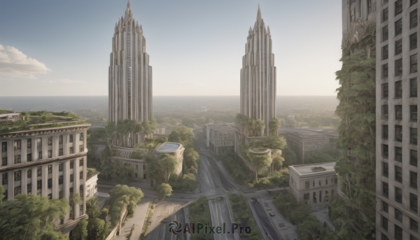 outdoors,sky,day,cloud,water,tree,blue sky,no humans,window,ocean,plant,building,scenery,city,horizon,cityscape,ruins,skyscraper,overgrown,nature,river,landscape