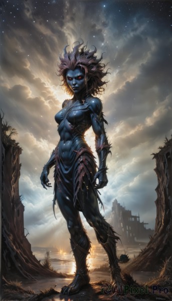 1girl,solo,breasts,looking at viewer,red eyes,navel,medium breasts,standing,full body,outdoors,sky,barefoot,pointy ears,cloud,muscular,glowing,colored skin,abs,cloudy sky,monster girl,star (sky),starry sky,colored sclera,toned,fantasy,blue skin,muscular female,ruins,alien,black skin,short hair,pink hair,teeth,night,messy hair,genderswap,claws,genderswap (mtf),black sclera,grey skin