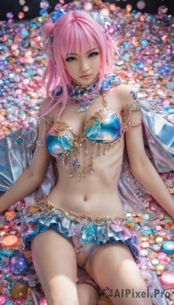 1girl,solo,long hair,breasts,looking at viewer,smile,bangs,blue eyes,skirt,hair ornament,navel,cleavage,bare shoulders,jewelry,medium breasts,sitting,underwear,panties,swimsuit,pink hair,bikini,frills,pussy,necklace,stomach,hair bun,bra,blurry,lips,gem,revealing clothes,blue bikini,armlet,realistic,bikini armor,reclining,pearl (gemstone),food,cape,uncensored,watermark