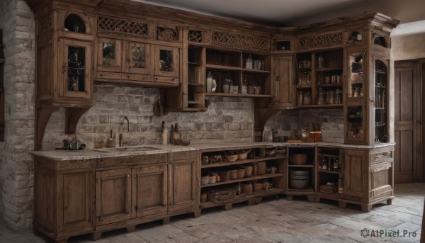 indoors,cup,no humans,window,table,bottle,box,scenery,alcohol,wooden floor,stairs,door,candle,shelf,wine bottle,barrel,cabinet,fireplace,crate,fantasy,wall,brick wall,jar,arch,candlestand,stone wall,brick