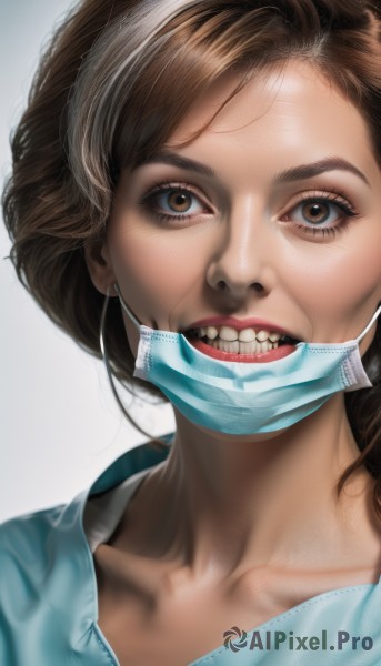 1girl,solo,looking at viewer,smile,open mouth,simple background,brown hair,shirt,white background,brown eyes,collarbone,parted lips,teeth,lips,eyelashes,makeup,mask,portrait,close-up,realistic,nose,mouth mask,surgical mask,mask pull,white mask,hairband,blue shirt,lipstick,clenched teeth