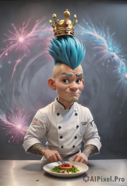 solo,looking at viewer,smile,1boy,holding,brown eyes,jewelry,closed mouth,blue hair,upper body,male focus,earrings,food,black eyes,tattoo,buttons,piercing,table,crown,knife,ear piercing,plate,fish,fork,double-breasted,fireworks,badge,holding fork,mohawk,aerial fireworks,chef,pasta,spaghetti,steak,artist name,watermark,facial mark,web address,realistic,facial tattoo,tomato,chef hat,lettuce