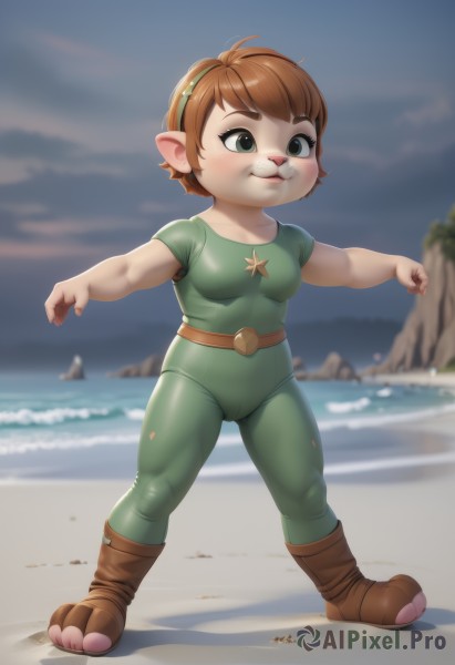 1girl,solo,breasts,blush,smile,short hair,bangs,brown hair,shirt,green eyes,standing,full body,short sleeves,hairband,small breasts,boots,outdoors,sky,day,pointy ears,belt,artist name,cloud,signature,water,blurry,bodysuit,blurry background,cameltoe,shadow,ocean,beach,brown footwear,skin tight,furry,green shirt,sand,furry female,female child,brown belt,animal nose,animal ears,child,freckles,green bodysuit