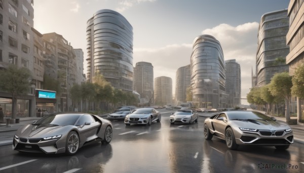 outdoors,sky,day,cloud,water,tree,no humans,ground vehicle,building,scenery,motor vehicle,reflection,city,car,road,cityscape,vehicle focus,lamppost,street,skyscraper,sports car,real world location,blue sky,cloudy sky,realistic