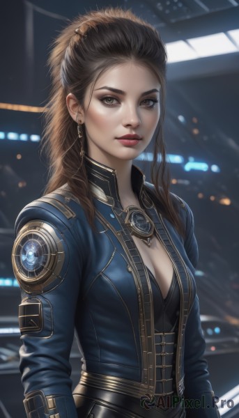 1girl,solo,long hair,breasts,looking at viewer,brown hair,long sleeves,cleavage,brown eyes,jewelry,medium breasts,closed mouth,jacket,upper body,earrings,open clothes,belt,blurry,open jacket,lips,eyelashes,makeup,blurry background,lipstick,forehead,eyeshadow,realistic,nose,red lips,eyeliner,leather,hair ornament,necklace,backlighting,freckles,science fiction,emblem